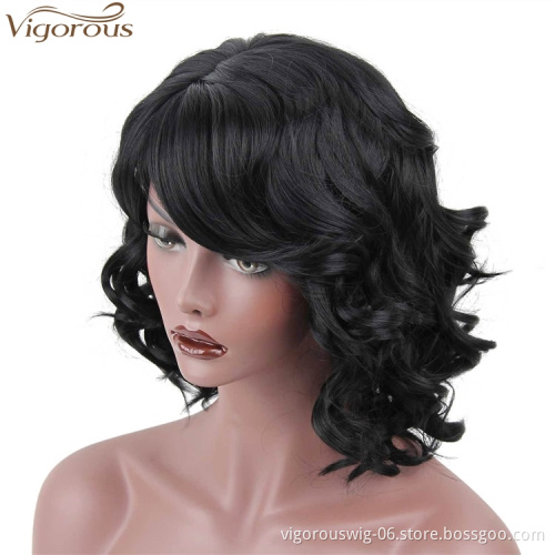 Vigorous Synthetic Curly Wave Wig Heat Resistant Natural Black Bob Style Wig with Inclined Bangs for Women Daily Party